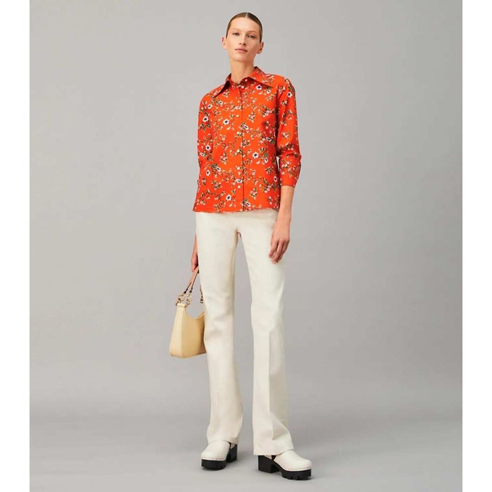 Tory Burch Rust Lyonnaise Floral Orange Cotton Poplin Button Down Shirt size 6